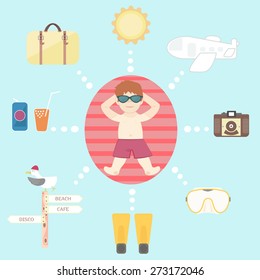 Dreams about holidays. Summer and man on beach with his wishes: swim, dive and travel, photo-making, drink and dance