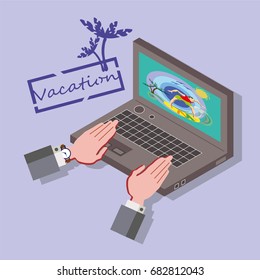 Dreams About Vacations. On the Laptop screen is a Vacation Video on the Resort. Vector illustration