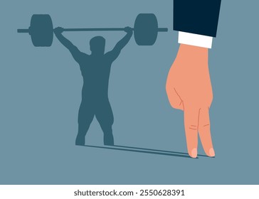 Dreams of becoming a weightlifting. Hand throws away shadow at his strong athlete weight lifting with barbell.  