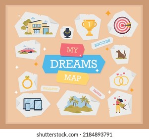 Dreams board flat background with stickers depicting dreaming of home car travel wealthy success and love vector illustration