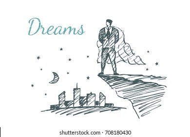 Dreams. A businessman on a rock stands over the city. Vector business concept hand drawn sketch.