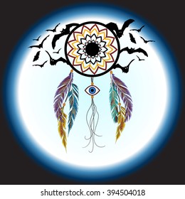 Dreams catcher with decorative feathers and bats. Amulet against the evil eye. Boho style. Indian amulet.