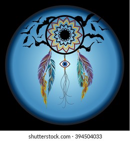 Dreams catcher with decorative feathers and bats. Amulet against the evil eye. Boho style. Indian amulet.
