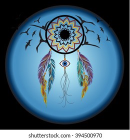 Dreams catcher with decorative feathers and birds. Amulet against the evil eye. Boho style. Indian amulet.