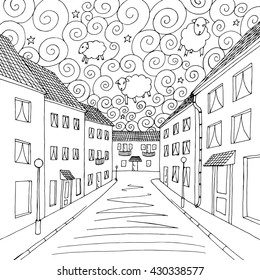 Dreams city graphic art black white illustration vector