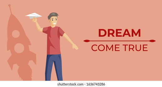 Dreams come true banner vector flat concept with text space. Happy boy with paper plane and rocket shadow in flat style. Self-improvement, personal growth and personal coach webpage design.