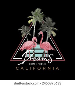 dreams come true calligraphy slogan with flamingos and palm trees in triangle frame hand drawn vector illustration