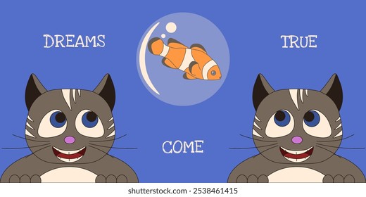 Los sueños se hacen realidad. El gato de estilo plano sueña con peces. Arte colorido del Vector para el mercado de la comida del gato. EPS 10