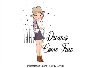 dreams come true lettering design vector cute  hand drawn beautiful cute cartoon amazing fashion girls. Vector illustration.with dog
