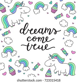 dreams come true lettering, vector handwritten text