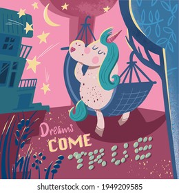 Dreams Come True. Postcard with unicorn in hammock looking at the shooting stars. Vector hand drawn illustration. Colorful design for greeting card, invitation, easy to edit.