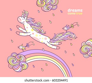 Dreams come true. Sweet little pony is jumping under a shower on the rainbow and funny birds are flying with her above the curly clouds. Cute animal character and graphic elements for kids design.