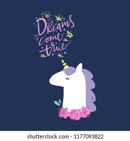 Dreams come true. Vector cute unicorn illustration, card and t-shirt design. Nursery art