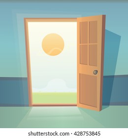 Dreams comes true. Open door vector illustration. Landscape with entrance and sun.
Cartoon exit and summer