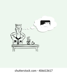 Dreams of country travel by car during the lunch break at work. Vector illustration.