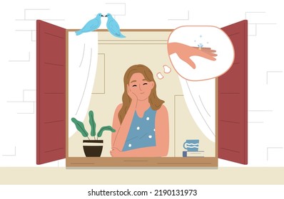 Dreams dreaming people colored flat composition young girl standing by the window dreaming of an engagement ring on her finger vector illustration