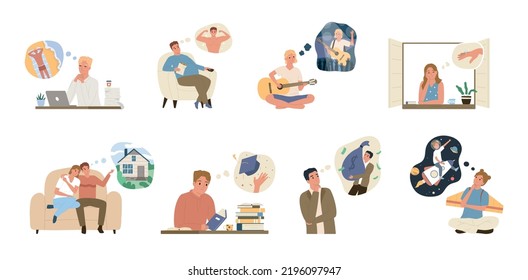 Dreams dreaming people flat colored icon set man at work dreams of vacation fat guy dreams of beautiful body singer dreams of fame girl thinks of a proposal and other things vector illustration