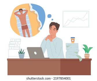 Dreams dreaming people flat colored composition man sits at his computer and dreams of vacation at the seaside vector illustration