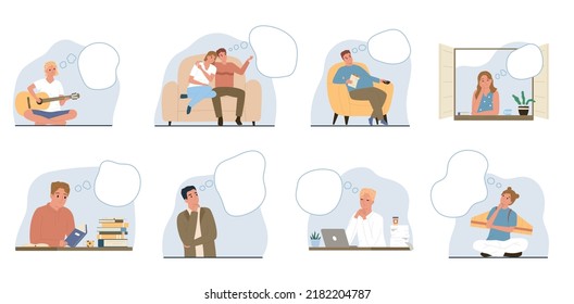 Dreams dreaming people flat icon set man playing guitar couple sitting on the couch girl standing by the window man reading a book guy and girl thinking vector illustration