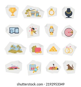 Dreams flat icons set of jewelry financial success travel achievements wedding and happy family life isolated vector illustration