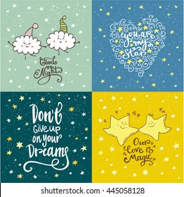 Dreams, good night, love lettering. Set of Cute hand drawn beautiful card. Romantic quote for dreams and love