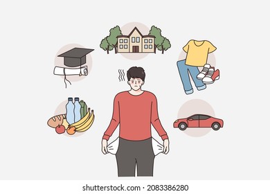 Dreams and having no money concept. Sad young man standing showing off his empty pockets dreaming of education good food home car and clothes vector illustration 