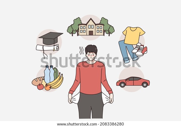 Dreams and having no money concept.\
Sad young man standing showing off his empty pockets dreaming of\
education good food home car and clothes vector illustration\
