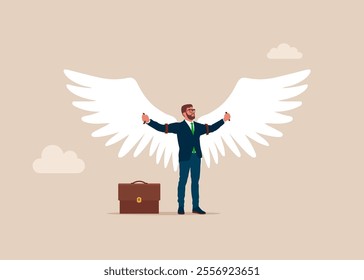 Dreams, hope for the future. Businessman superhero are spreading wings, prepare to fly to goal. Flat vector illustration