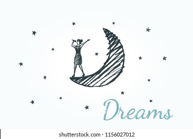 Dreams, Lifestyle Concept Sketch. The Singer In The Dress Sings Into The Microphone, Standing On The Moon In The Night Starry Sky. Vector Hand Drawn Illustration.