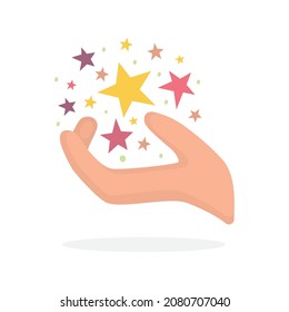 Dreams, magic and inspiration concept. Hand palm up and abstract stars. Outstretched hand. Cartoon style, hand drawn vector illustration. Part of set.