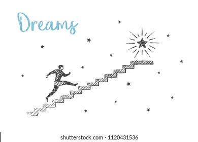 Sueños. El hombre sube las escaleras hasta la estrella polar. Ilustración del concepto del ganado vectorial, boceto dibujado a mano.