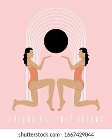 Dreams are only dreams. Vector hand drawn illustration of  women in swimsuits  isolated.  Creative minimalistic artwork. Template for card, poster, banner, print for t-shirt, pin, badge, patch.