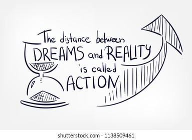 dreams reality action motivation quote concept doodle hand drawn vector line illustration