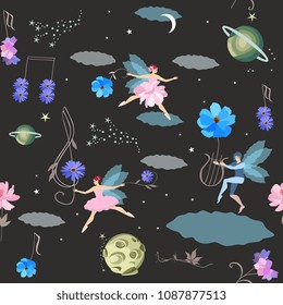 Dreams. Seamless fantasy pattern with winged fairies and elf, lyre, treble clef and musical notes in shape of flowers; moon, planets, stars ans clouds on black background in vector.