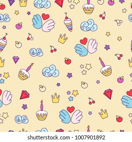 Dreams seamless pattern.Background for little girls with different fairy tale's elements. Cute illustration.