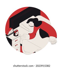 Dreams sleep isometric round composition with view of woman sleeping in bed with alarm clock on bedside table vector illustration