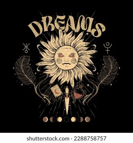 Slogan de sueños con ilustración solar celestial para diseño de impresión de camisetas u otros usos - Vector