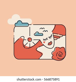Dreams of summer. Dreamy woman in landscape. Simple flat design in colorized modern line art style, mid-century inspired color palette, vector illustration