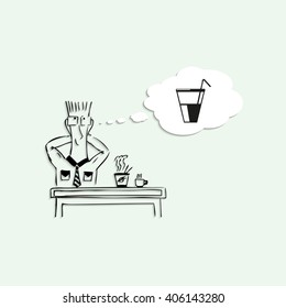 Dreams of a tasty drink in the lunch break at work. Vector illustration.
