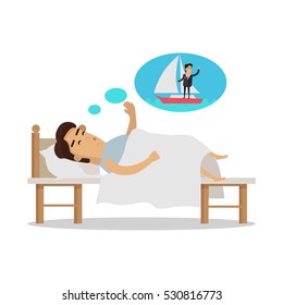 Dreams of vacation vector concept. Flat design. Man sleeping in bed and dream about a vacation at seacoast. Yachting at weekend. Leisure at tropical countries. For summer vacation concept. On white 