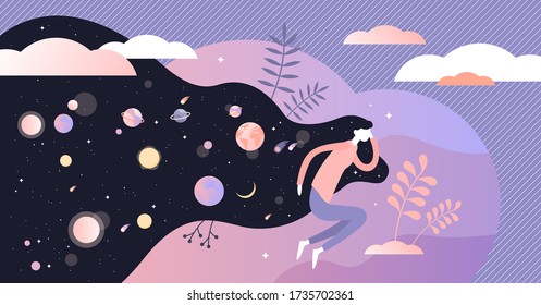 Dreams vector illustration. Abstract night with deep sleep visualization flat tiny persons concept. Fantasy flying in space with planets. Creative artistic scene with thoughts flowing out of head.