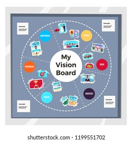 Dreams vision board infographic set with travel and family symbols flat  vector illustration