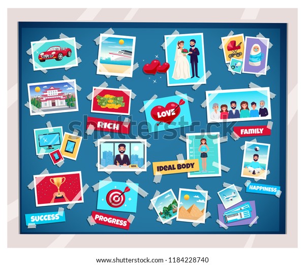 Dreams vision board with success and family\
symbols flat isolated vector\
illustration