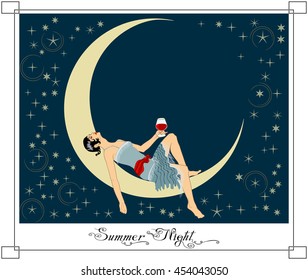 Dreams of a young woman with a glass of wine in the summer night and starry sky. Designed in the art deco style. Handmade drawing card.