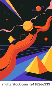 Dreamscape with planets, cubes and pyramids. Vibrant illustration with abstract heavenly bodies, stars and geometric shapes. Surreal space. Cosmic wonders and ancient mysteries. Vector in flat style