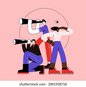 Dream-Team People looking into future choosing direction of development. Concept of searching for opportunities, decisions, new business ideas or staff. Colorful flat vector illustration. Isolated