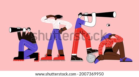 Dream-Team People looking into future choosing direction of development. Concept of searching for opportunities, decisions, new business ideas or staff. Colorful flat vector illustration. Isolated