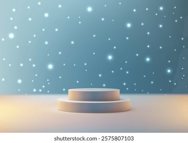 Dreamy 3D white two tiered podium sits on a softly lit floor against a blue backdrop sprinkled with glowing bokeh, perfect for product display, mockups, or artistic showcases