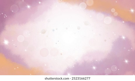 A dreamy and abstract space-themed vector illustration with a pastel color palette. The soft blend of pink, purple, and orange hues creates a celestial and ethereal effect, with glowing stars, planets