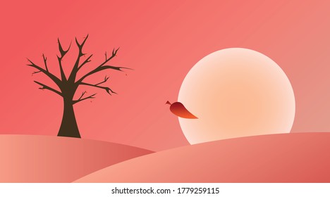 Dreamy autumn landscape with a lone tree and a falling leaf in a touch of pink.